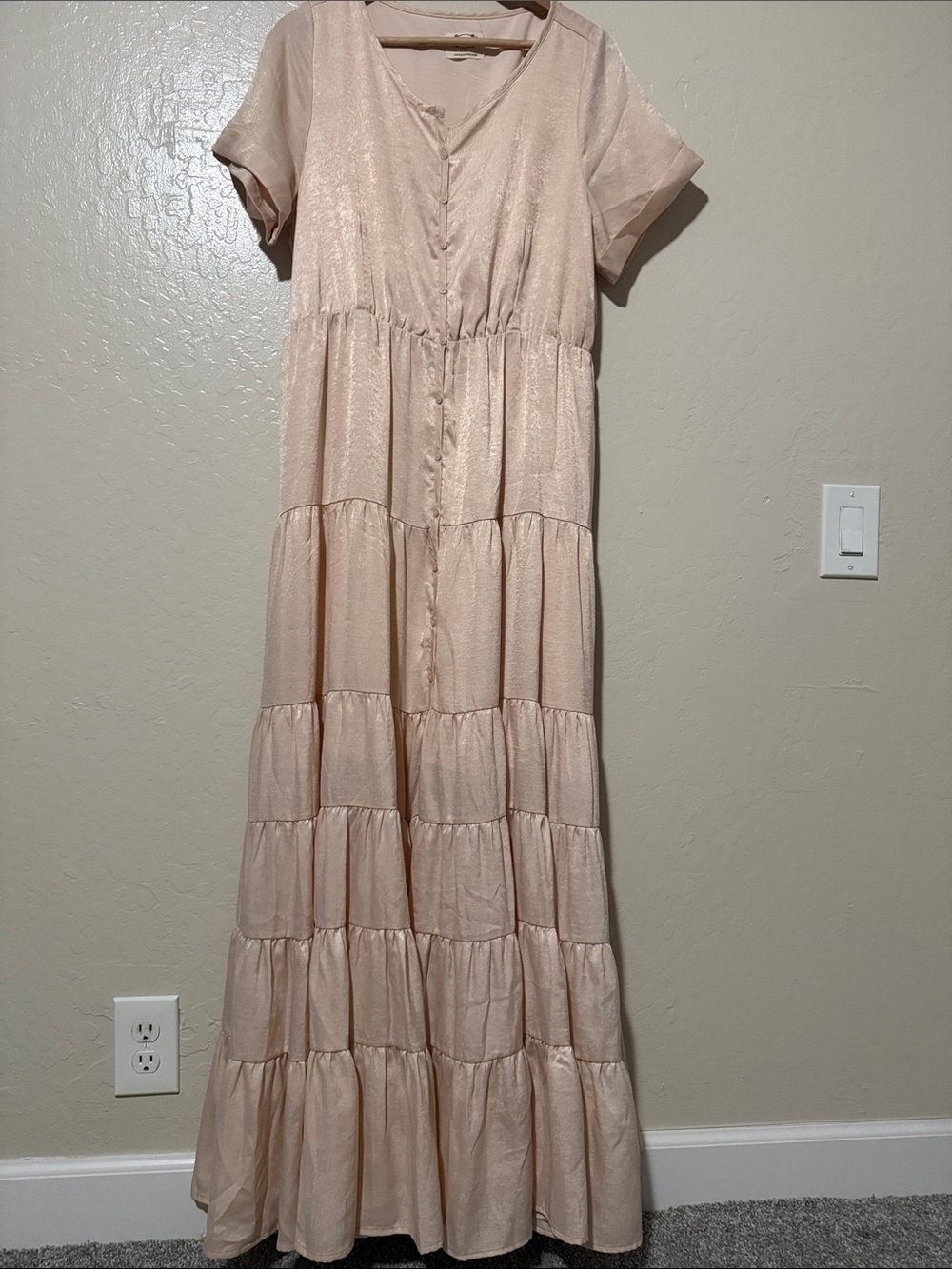 Joyfolie Mia Joy Soft Pink Tiered Button Front Maxi Cottagecore Boho Dress L